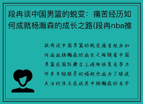 段冉谈中国男篮的蜕变：痛苦经历如何成就杨瀚森的成长之路(段冉nba推荐)