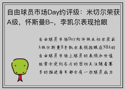 自由球员市场Day约评级：米切尔荣获A级，怀斯曼B-，李凯尔表现抢眼