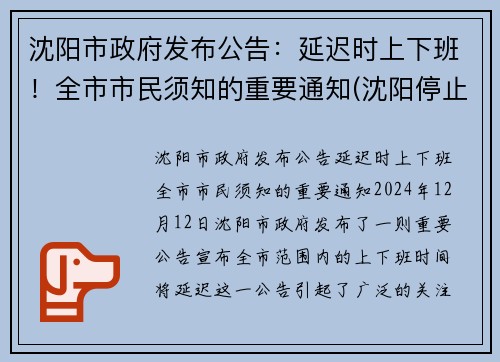 沈阳市政府发布公告：延迟时上下班！全市市民须知的重要通知(沈阳停止上班)