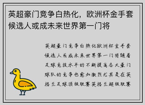 英超豪门竞争白热化，欧洲杯金手套候选人或成未来世界第一门将
