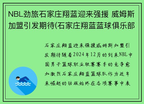 NBL劲旅石家庄翔蓝迎来强援 威姆斯加盟引发期待(石家庄翔蓝蓝球俱乐部)