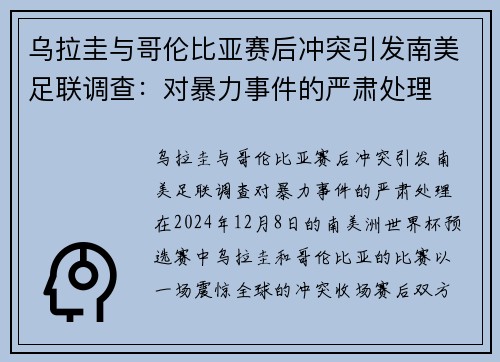 乌拉圭与哥伦比亚赛后冲突引发南美足联调查：对暴力事件的严肃处理