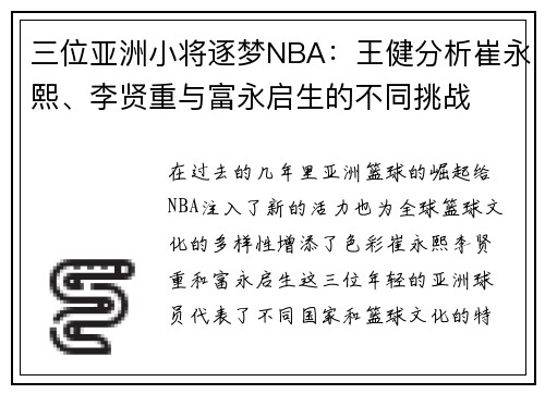 三位亚洲小将逐梦NBA：王健分析崔永熙、李贤重与富永启生的不同挑战