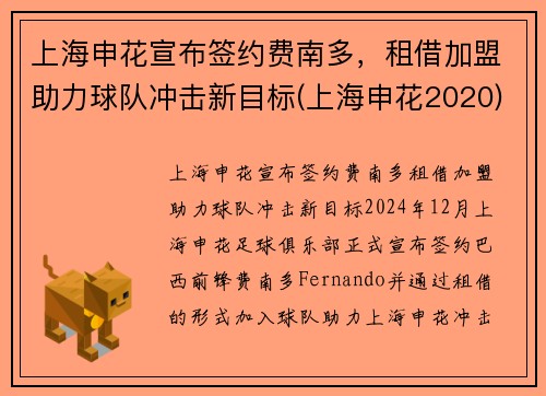上海申花宣布签约费南多，租借加盟助力球队冲击新目标(上海申花2020)