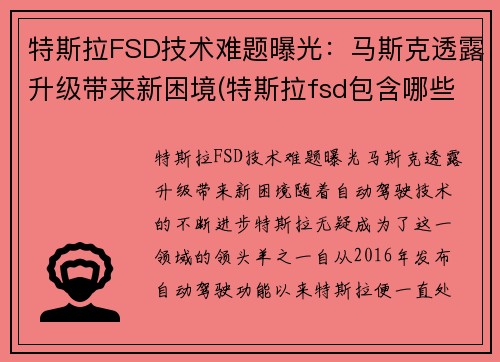 特斯拉FSD技术难题曝光：马斯克透露升级带来新困境(特斯拉fsd包含哪些功能)