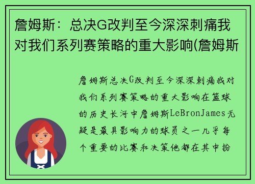 詹姆斯：总决G改判至今深深刺痛我 对我们系列赛策略的重大影响(詹姆斯总决赛g1)