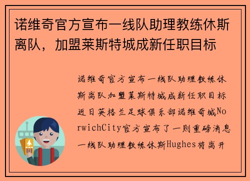 诺维奇官方宣布一线队助理教练休斯离队，加盟莱斯特城成新任职目标