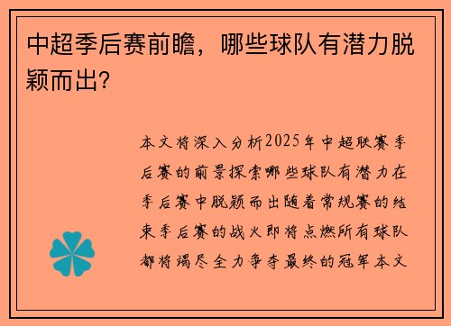 中超季后赛前瞻，哪些球队有潜力脱颖而出？